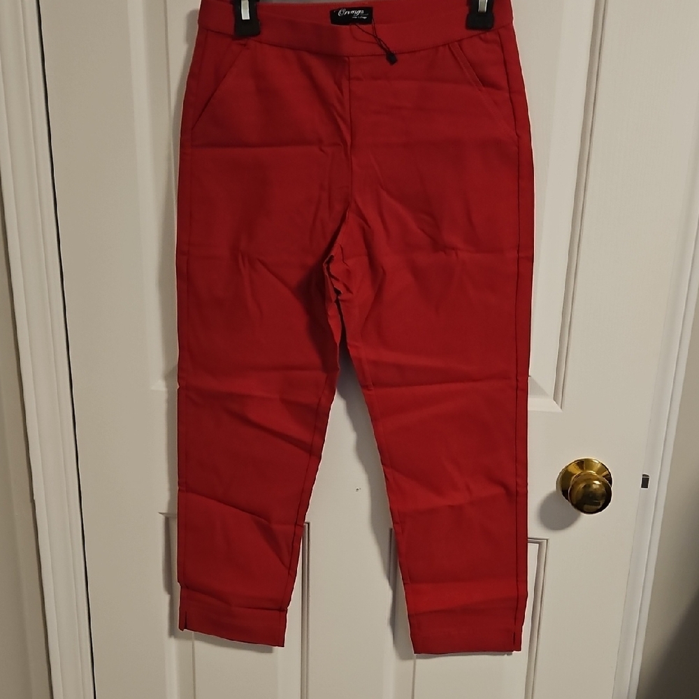 💗NWOT Orange Fashion Village Bright Red Cropped Pull On Trousers